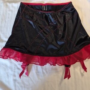 Black and Red Satin Ruffle Mini Skirt with Garter Detail
